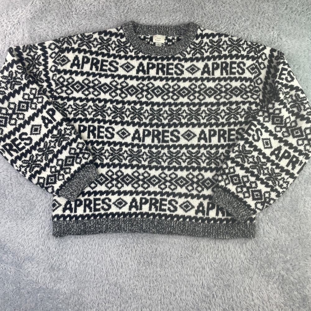 A New Day Sweater Womens Small Black White Apres Ski Fair Isle Knit Crewneck
